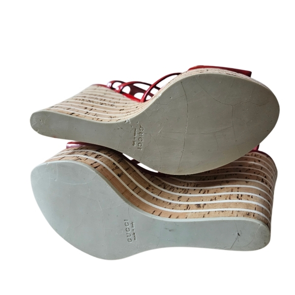 Gucci Red Pattent Leather Strappy Wedge Sandals - Picture 6 of 16